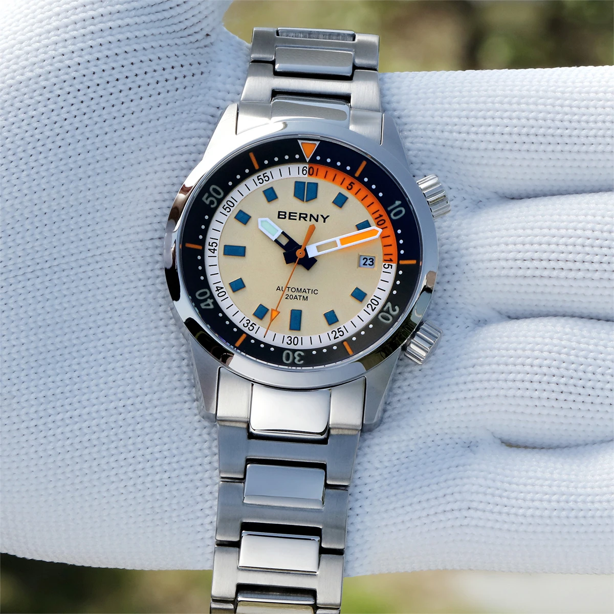 BERNY Automatische Taucheruhren für Herren, 20 ATM, superleuchtende mechanische Herren-Taucheruhr, Saphirglas, komplett aus Edelstahl – Detail 8