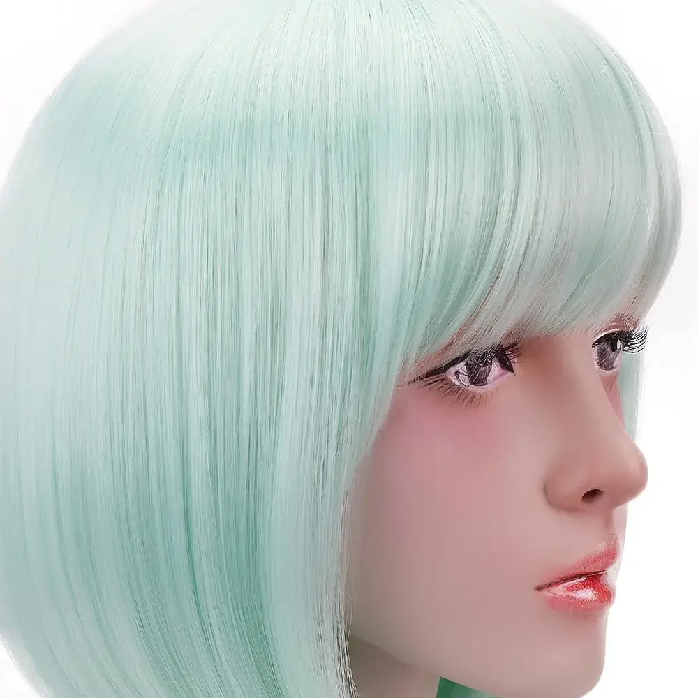 Free Beauty 12"Straight Synthetic Bob Wigs With Bangs Green Pink Color Short Bob Wigs Human Hair For Black Women  Heat Resistant