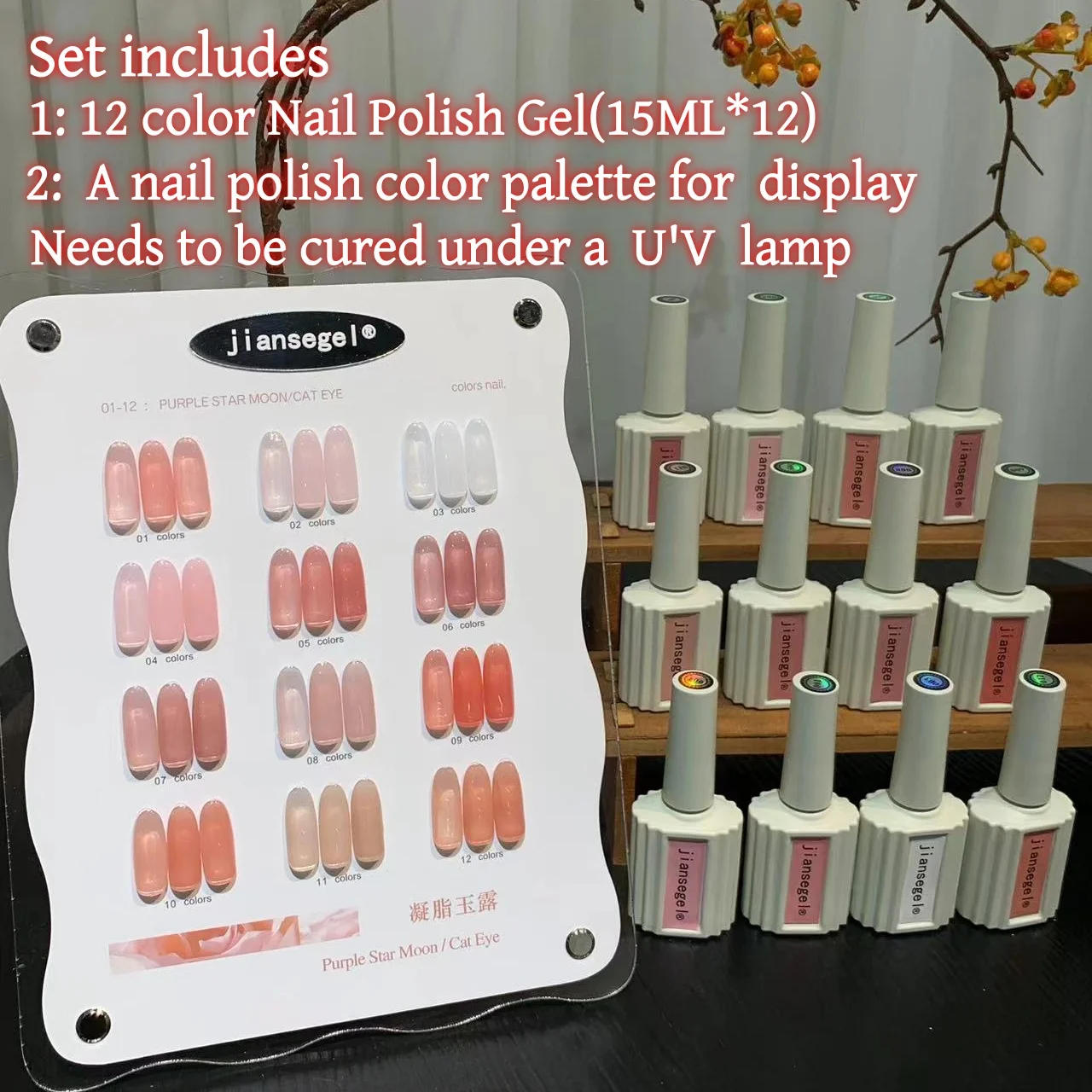 12 Color Gel Nail Polish Set for Beauty Salons, Includes Color Chart for Display, Perfect for Manicure Effects Showcase