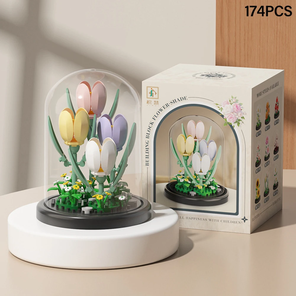 DIY MOC Ewige Blumen Staubschutzhaube Tulpe Rose Sonnenblume Sukkulente Garten Mikro-Baustein-Set Heimdekoration Geschenk für Sie – Detail 5