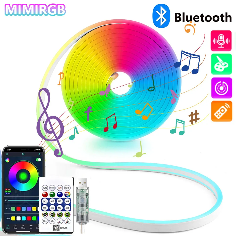 

DC5V USB RGB Неоновая светодиодная лента 1/2/3/4/5M IP65 Водонепроницаемая неоновая лента Приложение Bluetooth и пульт дистанционного управления для неонового декоративного освещения