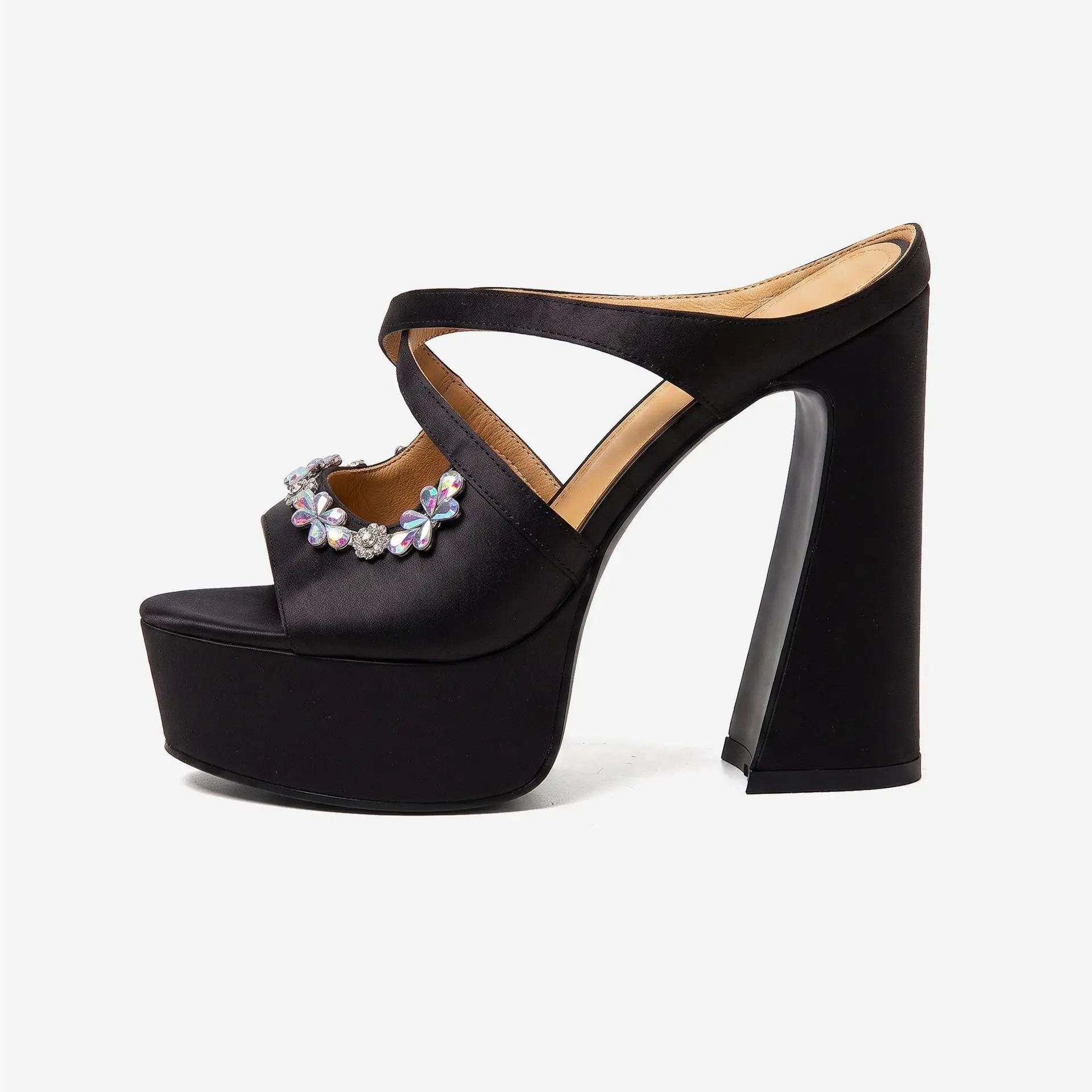 New Satin Rhinestone Flower Waterproof Table Thick Heel Sandals Women Wear Open Toe Super High Heel Banquet Dress in Summer