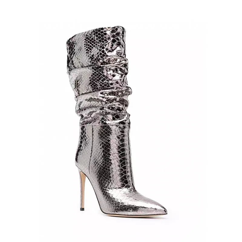 Arden Furtado 2024 Woman's Silver snake pattern Pleated Middle boots Pointed toe Patchwork Slip-on Super high heel Modern boots