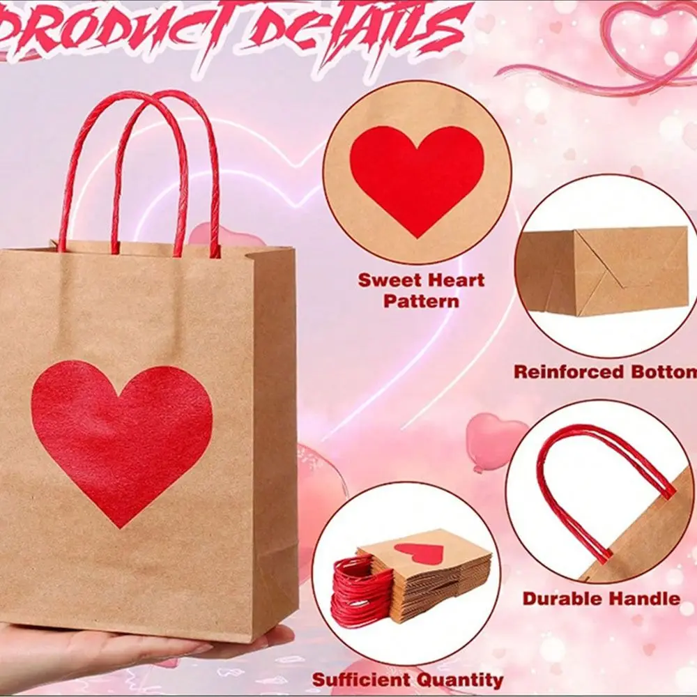 

10/12pcs Red Heart Kraft Kraft Paper Gift Bags Handheld Romantic Heart Shaped Bag DIY LOVE Candy Packaging Bag Wedding Party