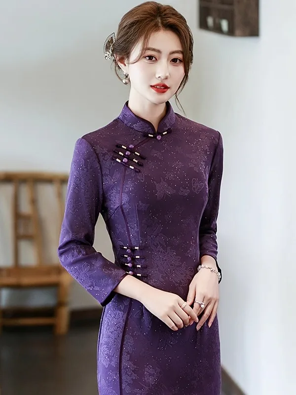 

New Chinese Sle High End Revised Autumn Wear Old anghai Purple Dr Retro Daily Wear Skirt Traditional Chinese...