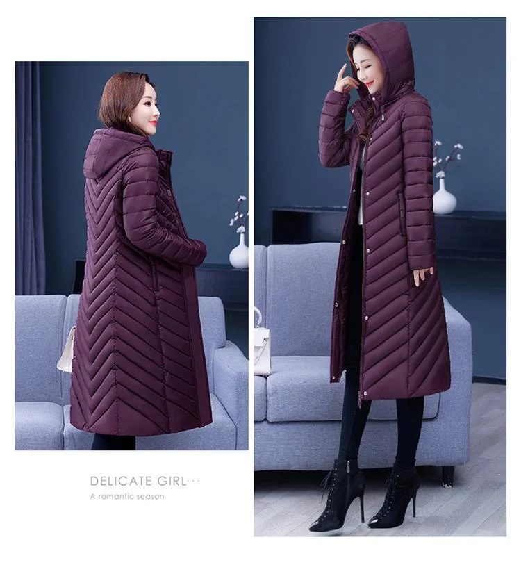 NEW Middle-aged Womens Down Cotton Coat Winter Long Warm Quilted Cotton Jacket Female Casual Hooded Parka Overcoat Purple 5XL