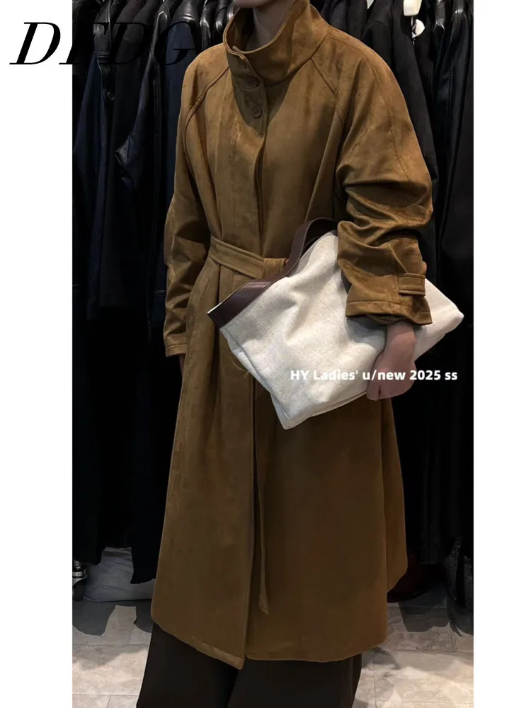 

DFDG Women’s Retro Notch Lapel Soft Velvet Texture Oversized Longline Coat Vintag Outerwear Trench Coat 2025 Warm Winter Coat