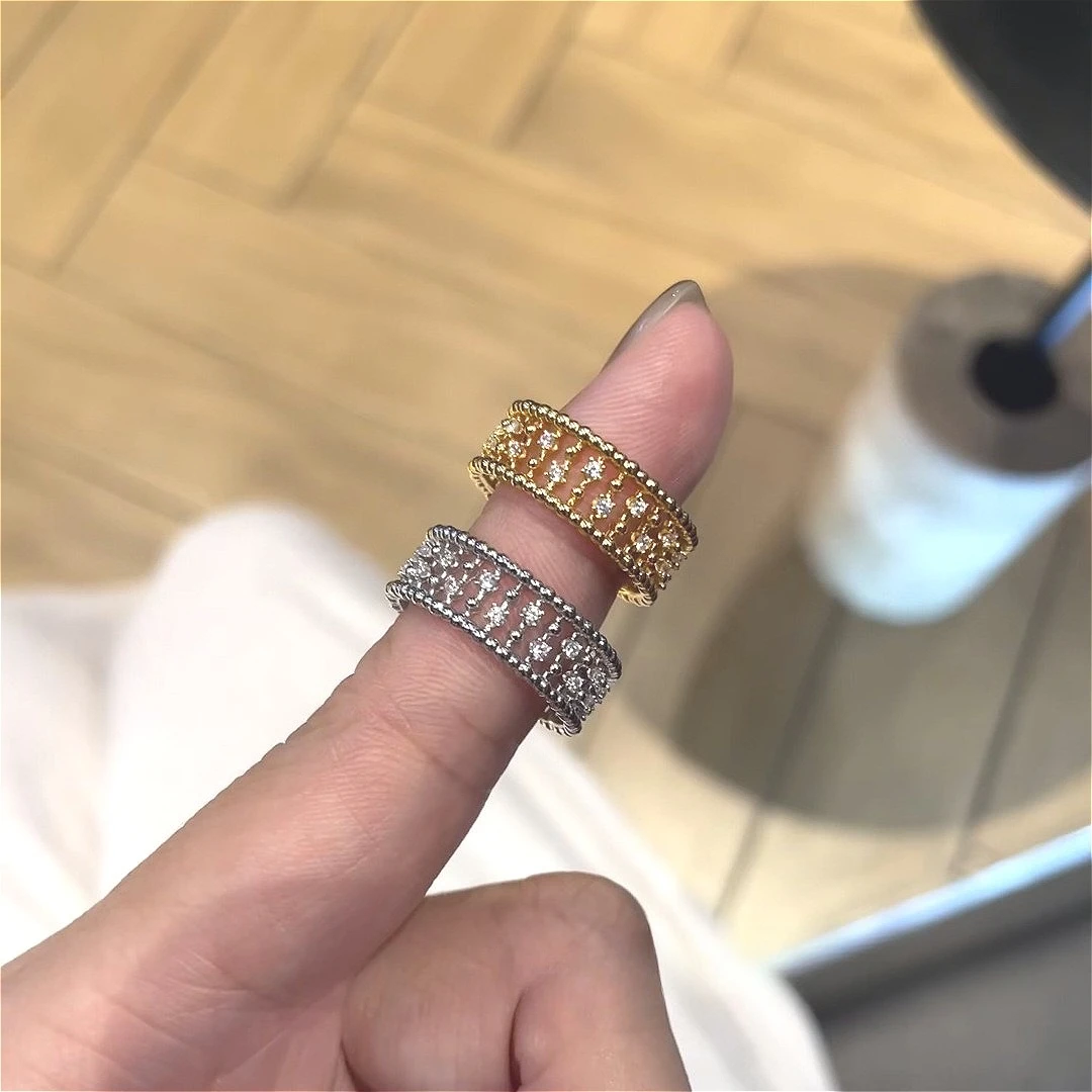 Vintage 925 sterling silver ring, full diamonds, elegant and sophisticated, with beaded lace trim and bamboo-shaped band.