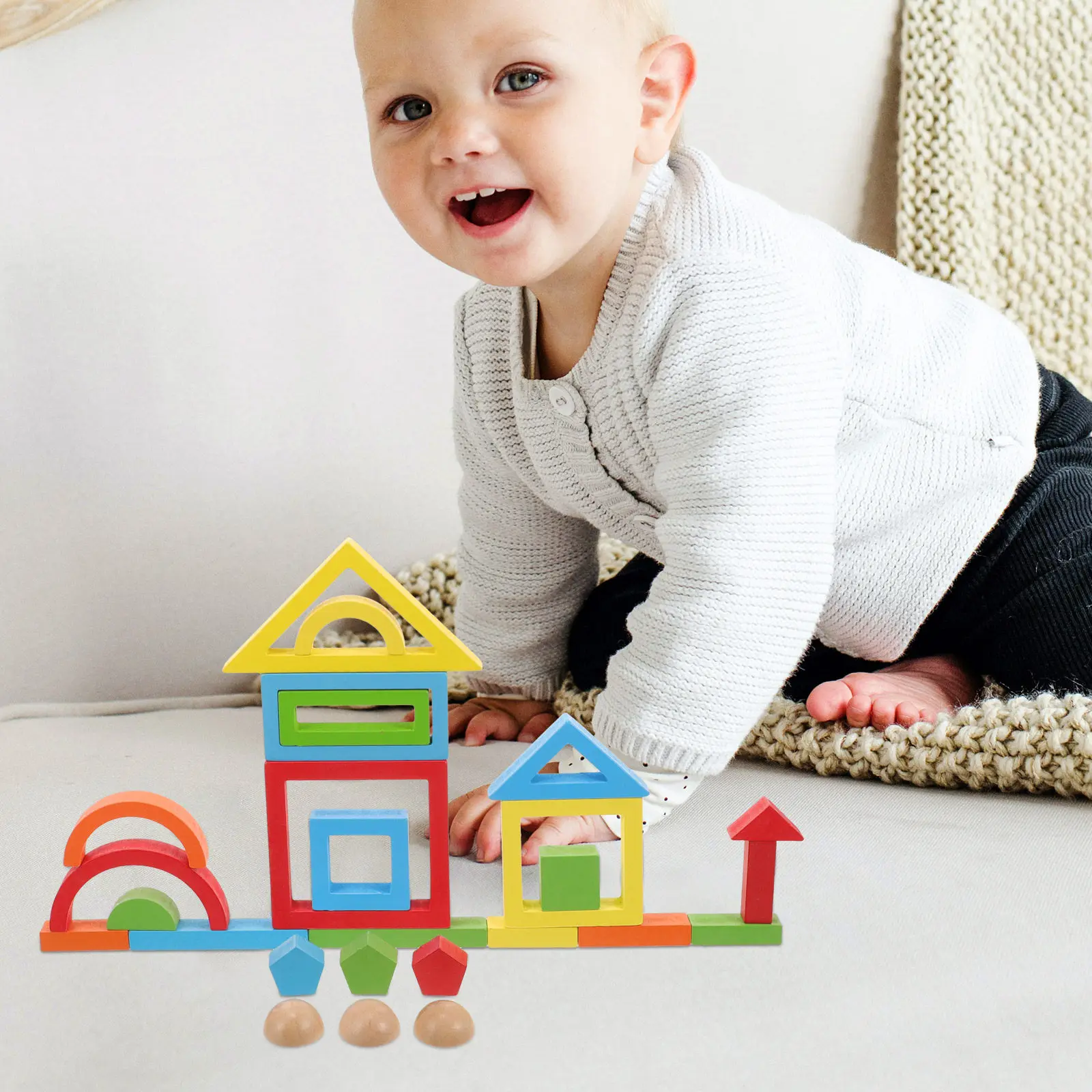 

1Set Rainbow Wooden Building Set Premium Eco Friendly Educational Plaything for Kids Cognitive Development Color Shape
