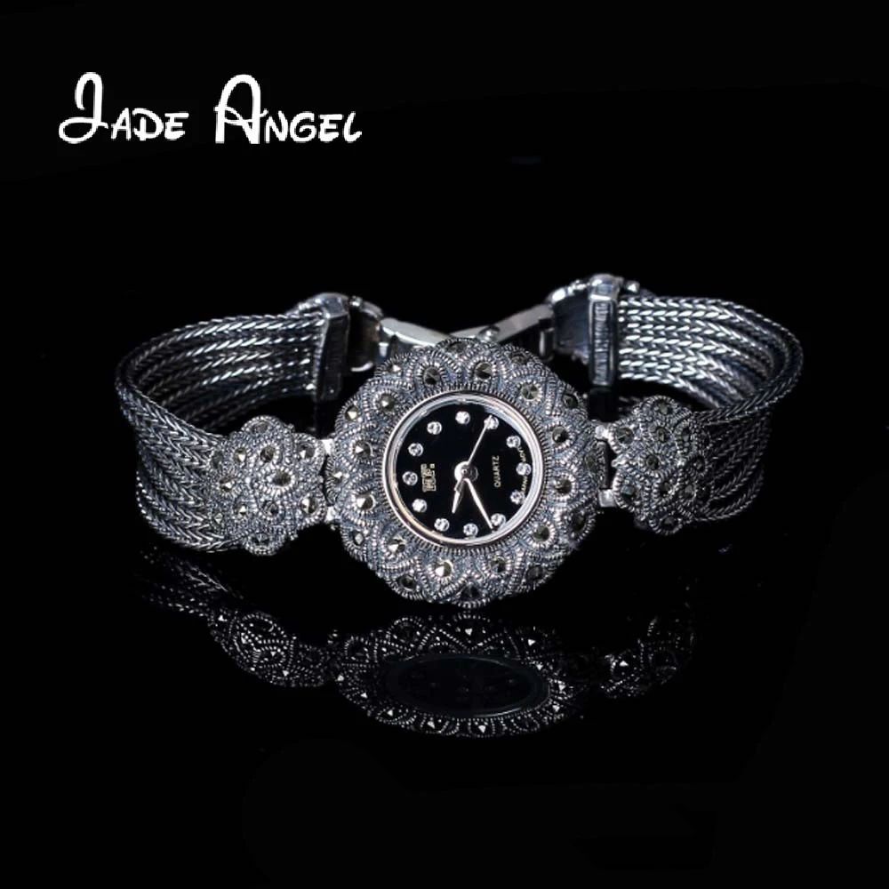 JADE ANGEL 925 Sterling Silver Sunflower Quartz Wristwatch Stylish Chic Ladies Marcasite Watch with Wheat Strand Fine Jewelry