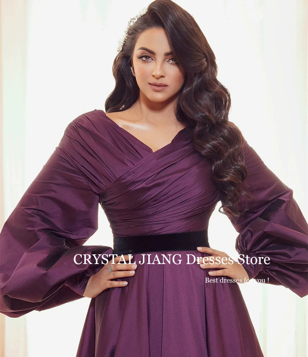 

Long Grape Evening Dresses V Neck Taffeta Full Sleeves فساتين طويلة A Line Pleated Floor Length فساتين نسائيه سهره