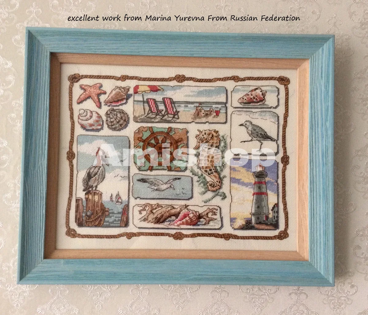 Amishop Gold Collection Lovely Counted Cross Stitch Kit Shore Sampler Lighthouse Beacon Seabird Shell Dim 13614