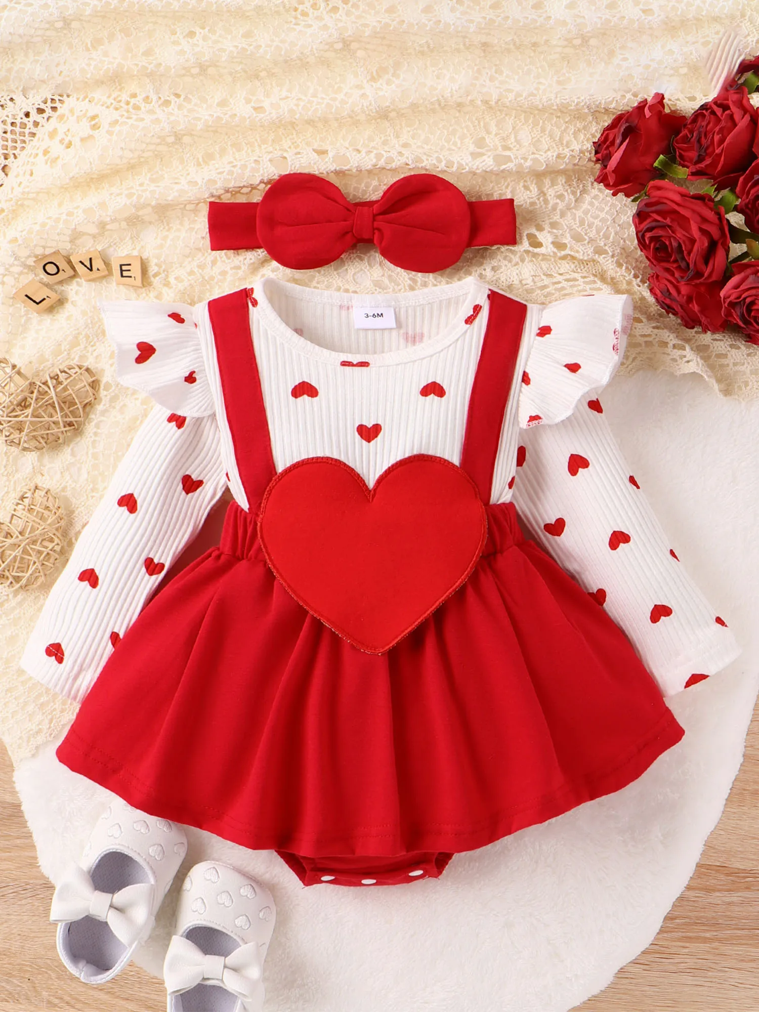 Valentine s Day Baby Girls Long Sleeve Heart Print Romper Dress with Ruffle Detail and Matching Headband Set