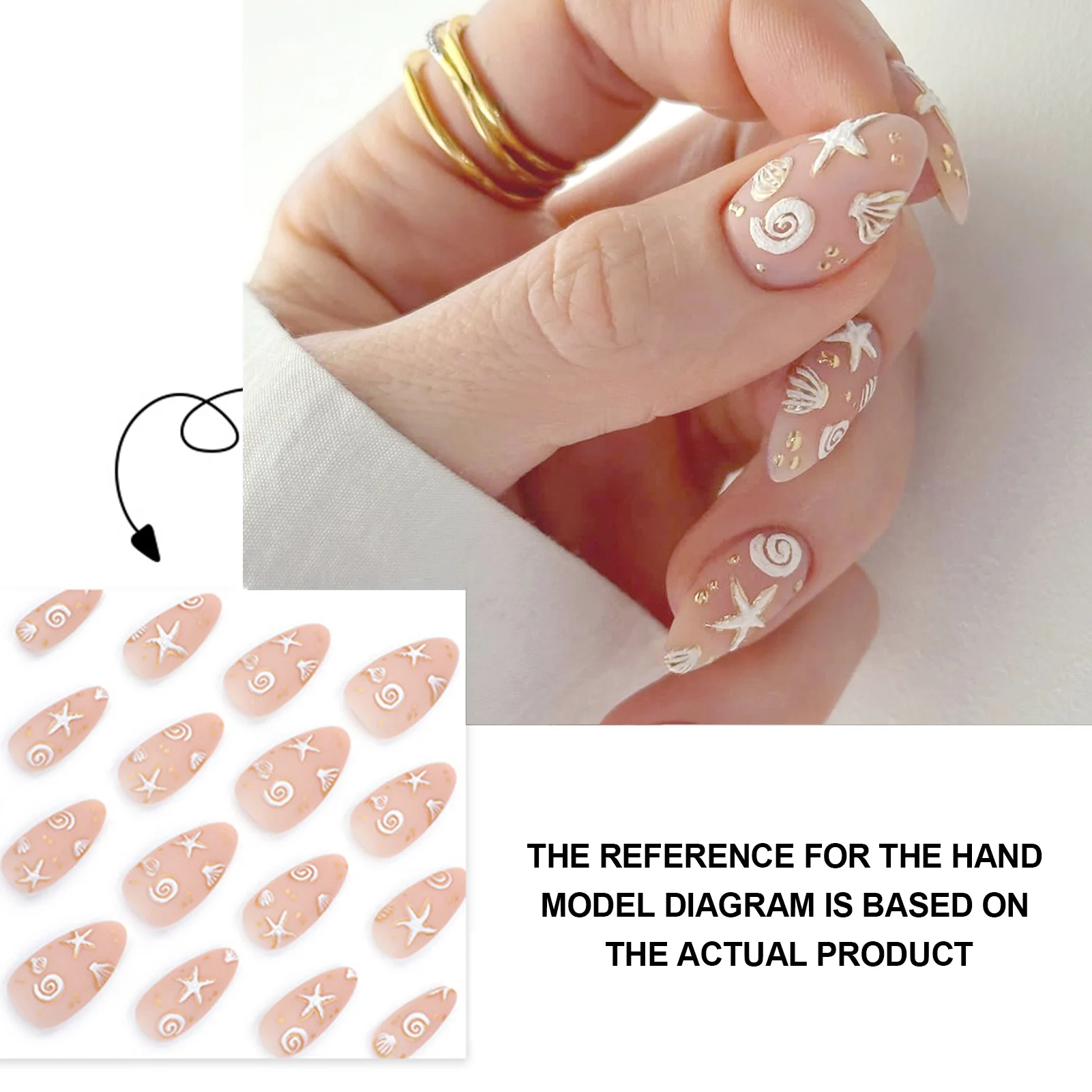 Glossy Pink Color Fake Nails With Sea Star Pattern Short Sweet Stick on Nails for Shopping Traveling Dating