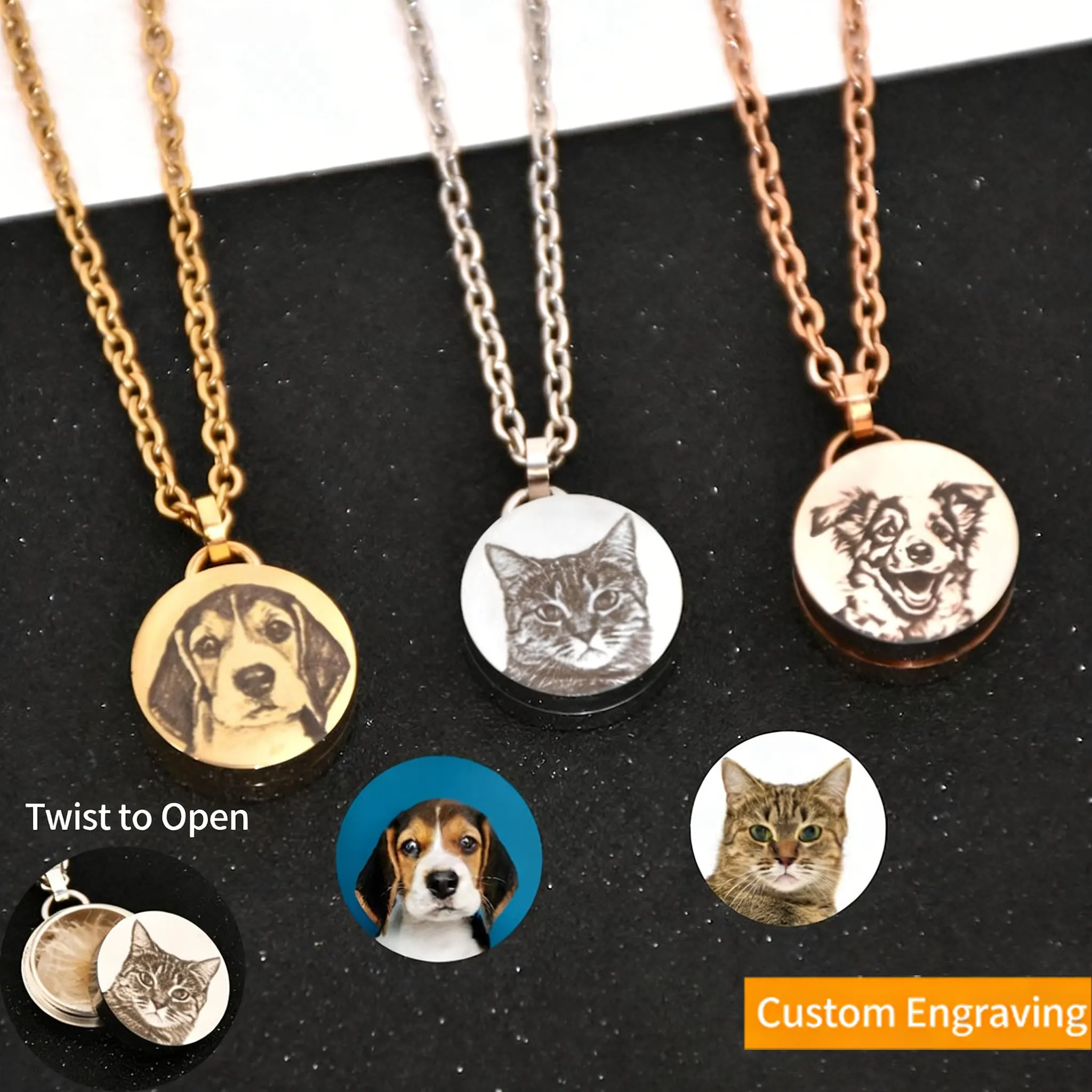 Custom DIY Photo Engraved Pet Hair Necklace Personalized Memorial Pendant Dog Cat Fur&Ashes Storage Handmade Gift for Pet Owners