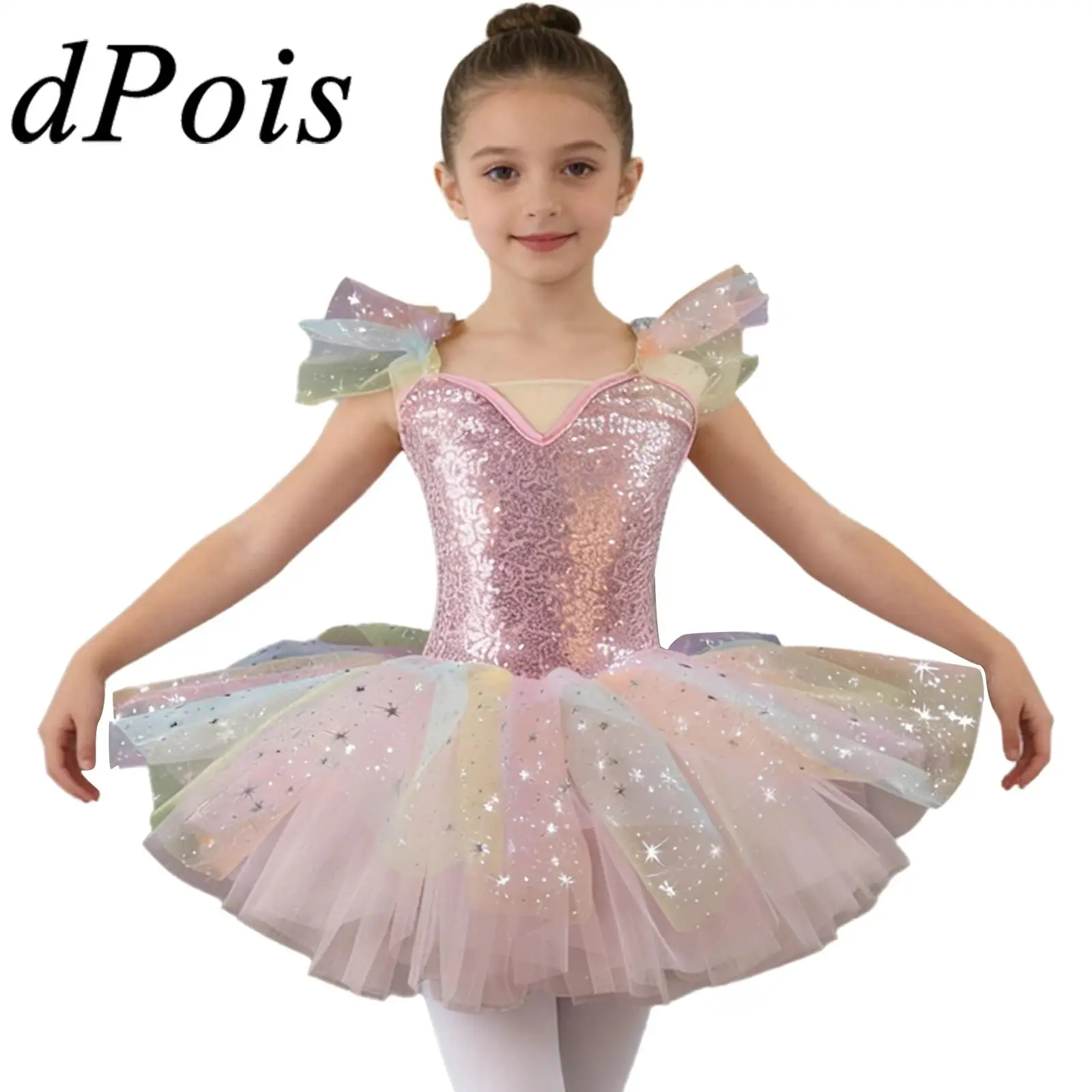 

for Competition Dance Wear Kids Girls Birthday Performance Tutu Ballet Dance Dress Princess Sequin Tulle Dress Ruffled Sleeves