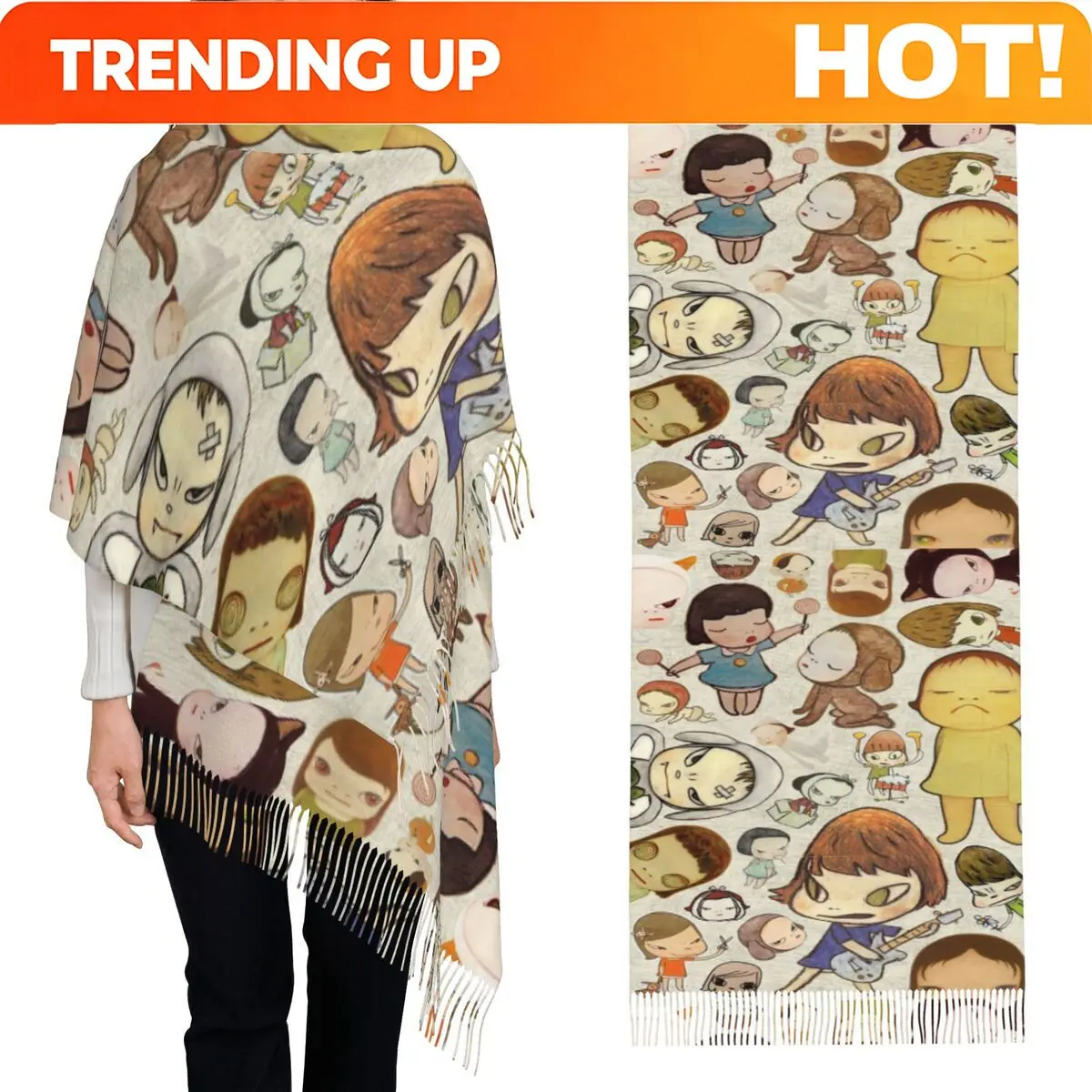 Customization Funny Yoshitomo Nara Scarf Tassel Scarves Women Soft Warm Shawls And Wraps Large Fall Winter Shawl Wrap