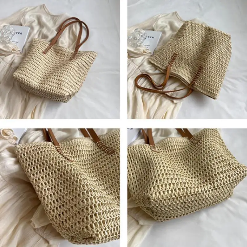 1 Stück Böhmische Sommermode Stroh-Strandtasche Handgewebte Damen-Schulterhandtasche Reise-Shopper Gewebte Einkaufstaschen – Detail 8
