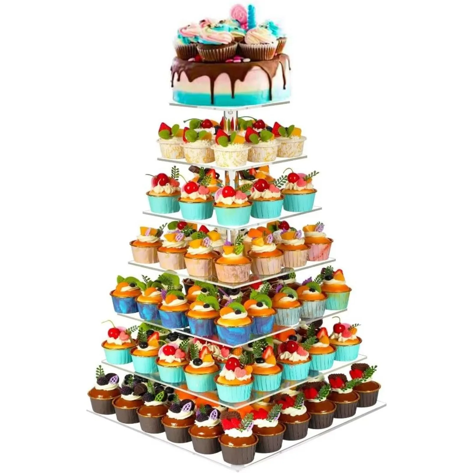 US 7 Tier Cupcake Stand for 100 Cupcakes, Cake and Cupcake Combo Dessert Tower Holder, Clear Acrylic Cupcake Riser,Large Pastry