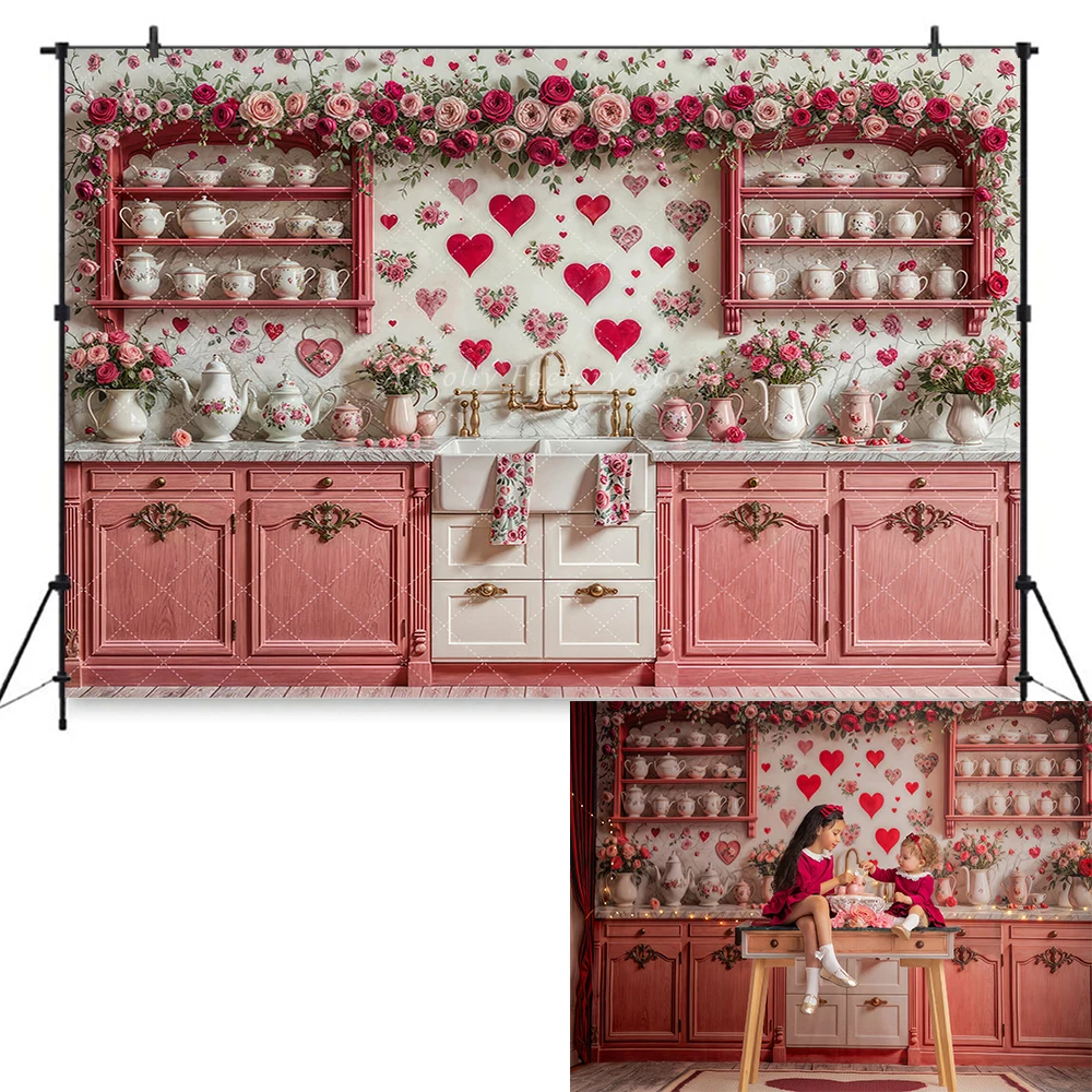 Red Heart Valentine's Day Backgrounds Roses Shop Adult Kids Photocall Props Spring Kitchen Backdrops Lover Portrait Photostudio