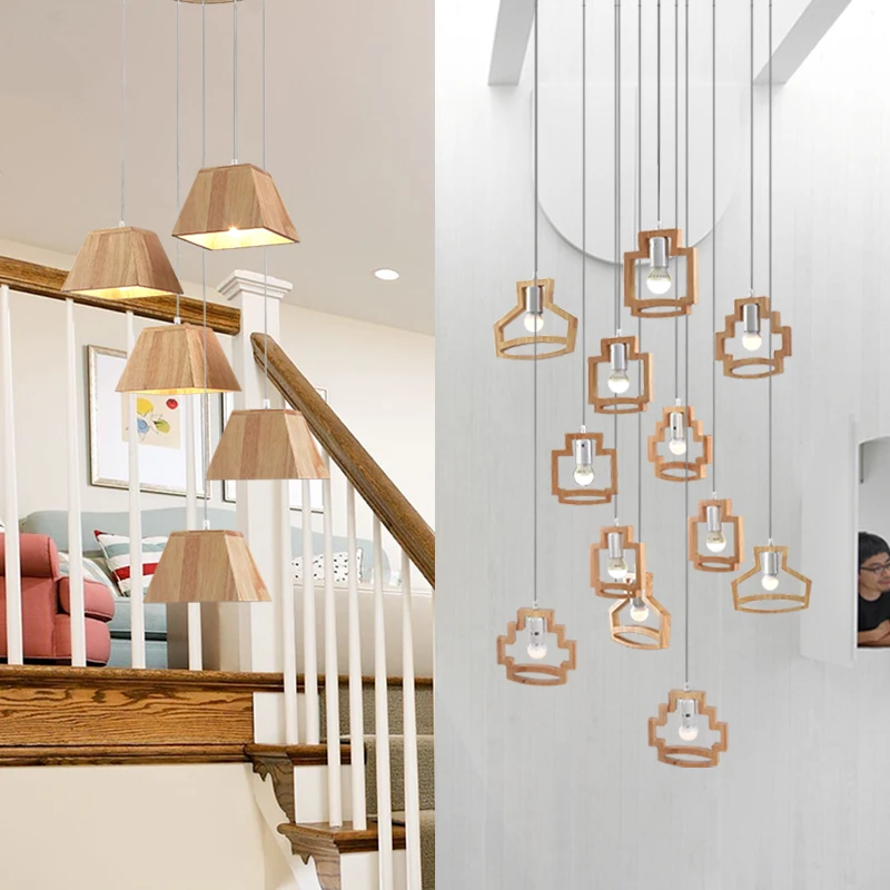 Nordic Solid Wood LED Stair Lamp Long Pendant Lights Duplex Building Villa Rotating Stair Chinese Log Stair Hanging Lamp
