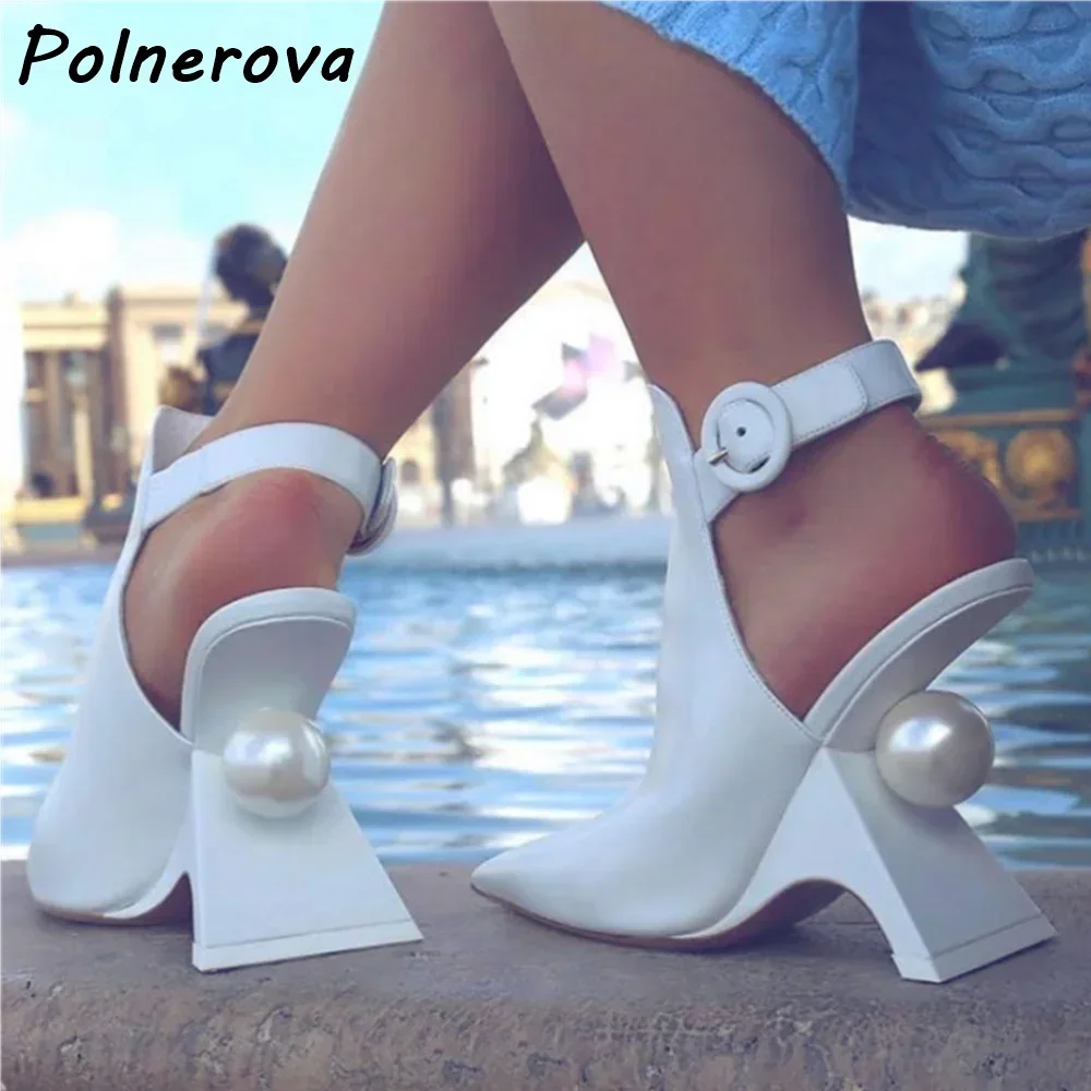 

Pearl Wedges Ankle Band Pumps Pointy Toe Solid Strange Style Heels Leather Sexy Runway Shoes Women's Summer Fashion Shoes 2025
