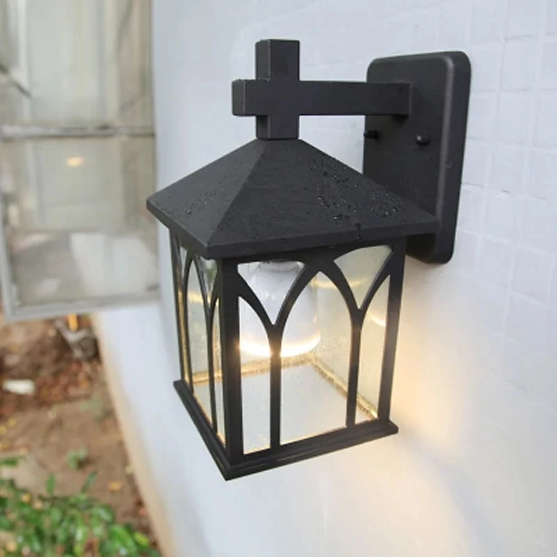 European Simple Wall Lamp Transparent Glass Waterproof Outdoor Garden Doorway Aluminum Alloy E27 Retro Lighting Sconce Fixture