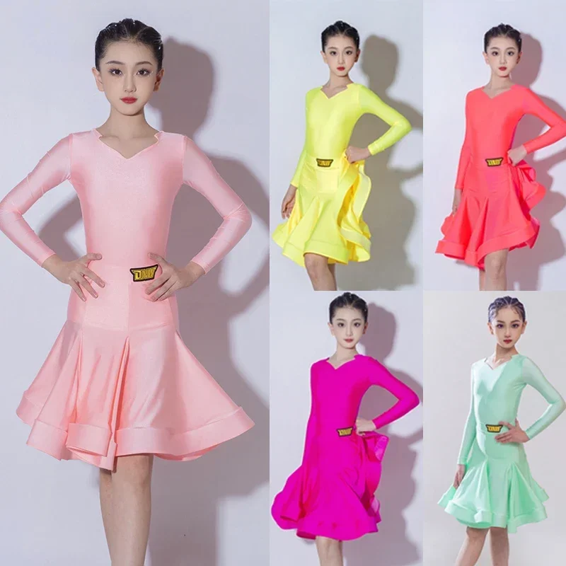 Girls Professional Latin Dance Competition Dress Children Practice Wear Long Sleeve ChaCha Dance Performance Clothing