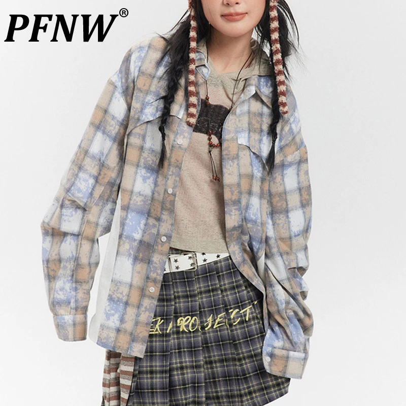 

PFNW Dyed Plaid Design Spliced Long Sleeved Shirt Men's Street Lapel Autumn 2024 New Single Breasted Casual Tops Trendy 28W5265