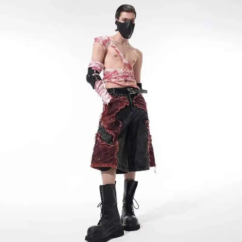 Luzhen 2025 novo original high street retalhos design jeans masculino elegante cor contraste em linha reta denim calças de cinco pontas jy1129