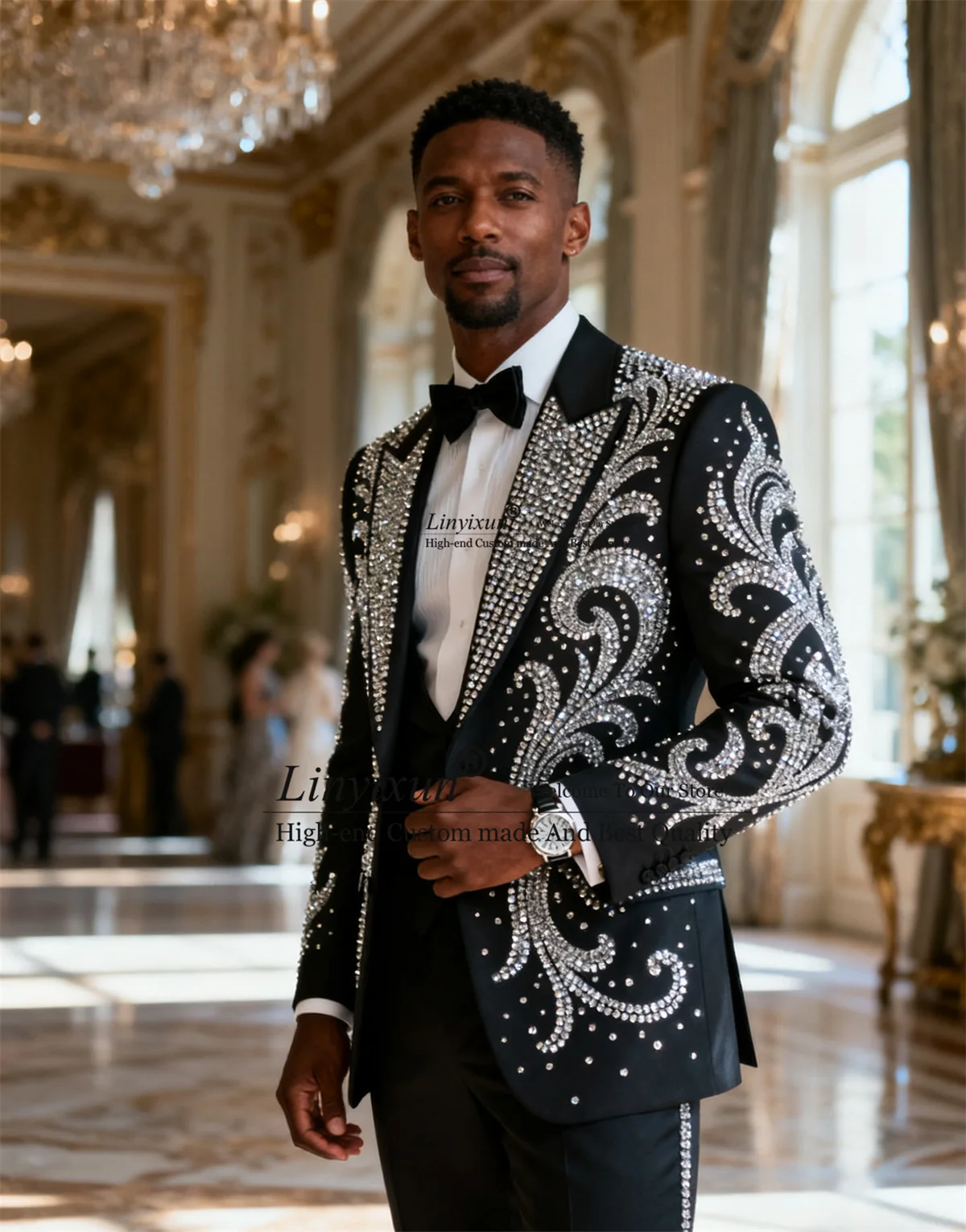 

Customized Sparkly Ornament Beaded Crystal Tuxedos Men Suits Slim trajes para hombre 3 Piece Sets Wedding Groom Male Prom Blazer