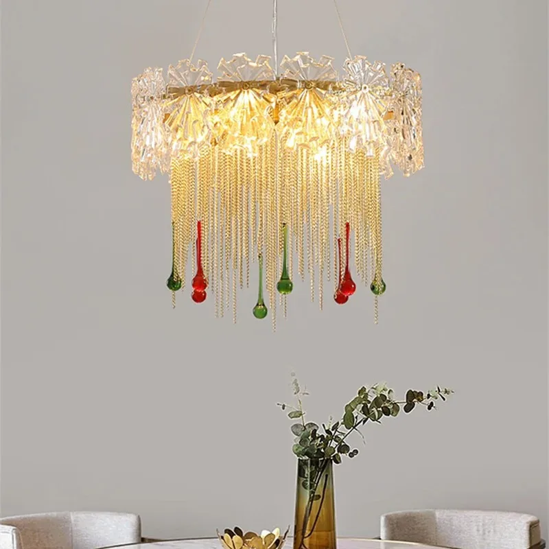 French Luxury Water Drop Crystal Tassel Chandelier For Restaurant Living Room Bedroom LED Circular pendant Light Lustre Fixtures