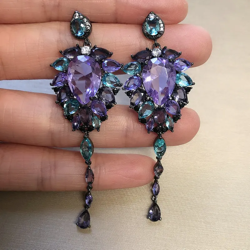 Bilincolor Purple Zircon Long Tassel Dangling Earring for Women