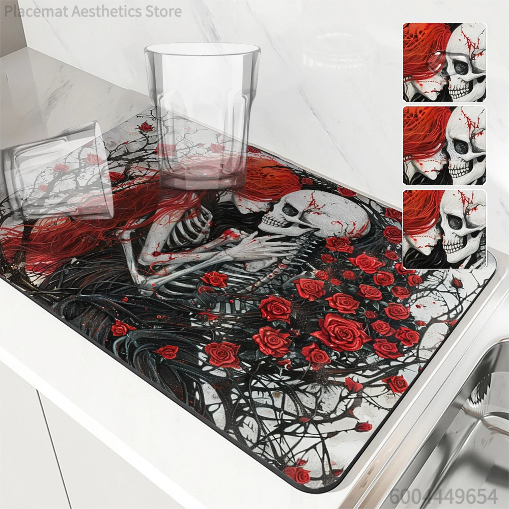 Absorbent Mat Halloween Skull Kitchen Antiskid Drying Mat Quick Dry Bathroom Drain Pad Tableware Mat