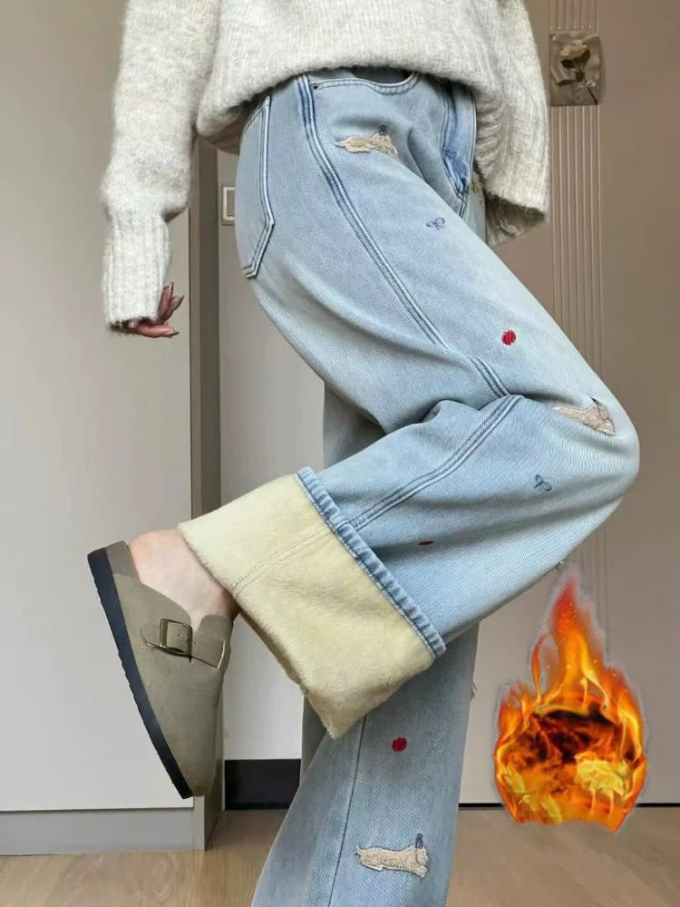 

Y2K Ретро вышитая колбаса собака женские зимние расклешенные брюки с высокой талией толстая флисовая подкладка утягивающие брюки длиной до пола