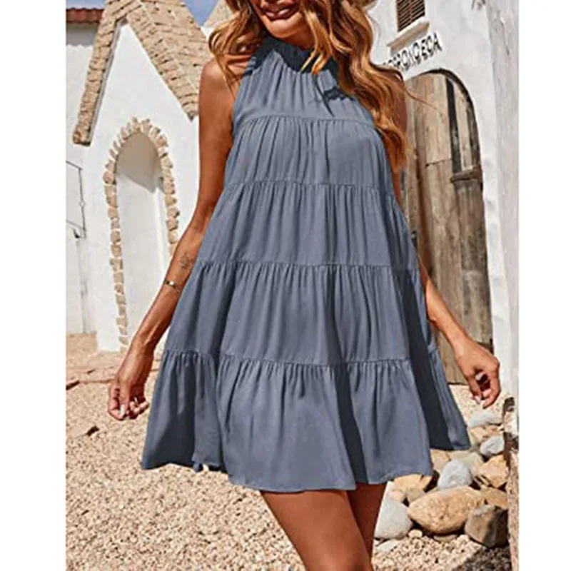 Spring & Summer New Women's Simple Sleeveless Round Neck Ruffled Edge Fashion Pleated Loose Dress Vacation Female Casual Dresses