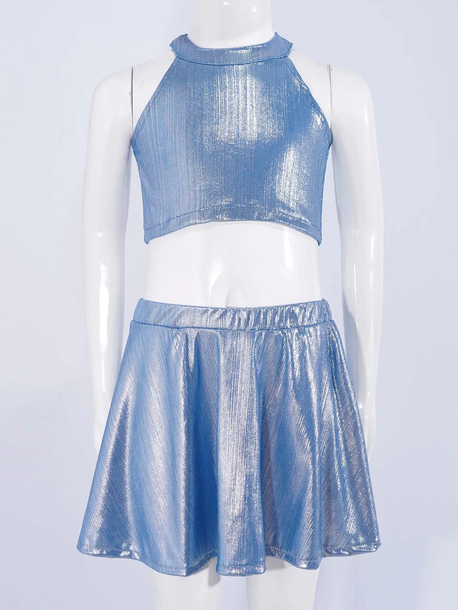 Kids Girls Metallic Dance Cheerleading Chorus Outfit Modern Jazz Dancewear Sleeveless Vest with Ribbed Skirt Performance Set