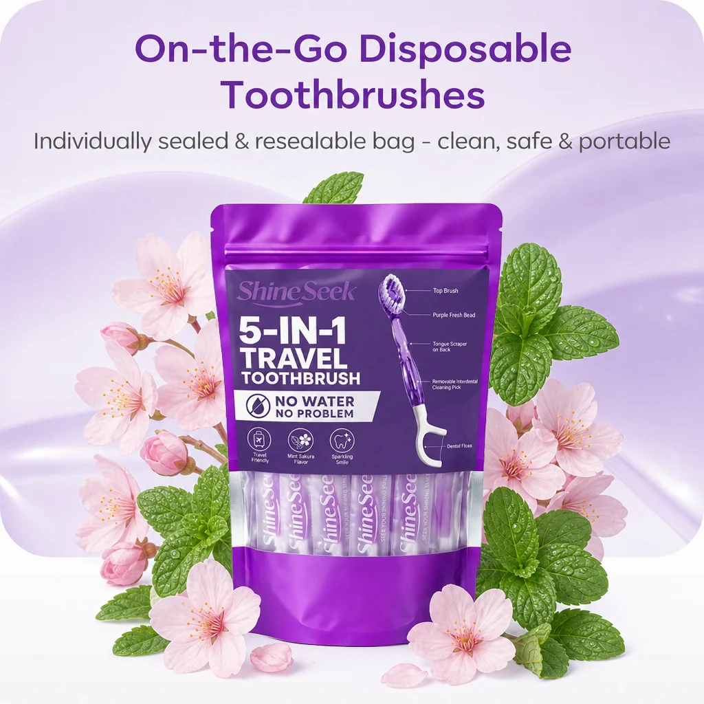 19Pcs Refreshing Purple Portable Travel Set, 5-in-1 Multifunctional Oral Care Toothbrush, Sakura Mint Fresh Flavor. Equipped with Purple Freshening Beads, the Set Includes a Toothbrush, Dental Floss, Interdental Cleaning Stick, and Tongue Scraper. Gentle Tooth and Gum Care, Individually Packaged, Easy to Carry When Traveling, the Preferred Choice for Family Oral Care.