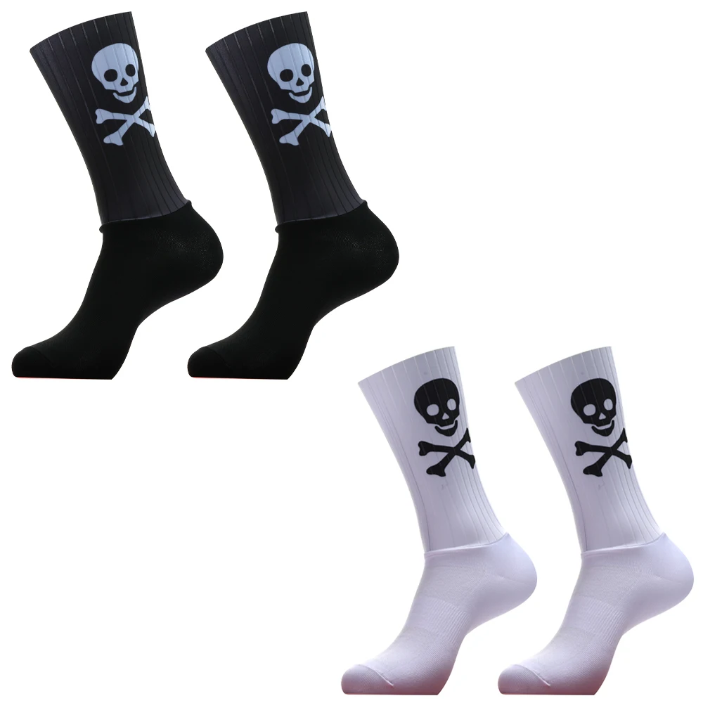 Seamless Non-slip Silicone Aero Cycling Sports Socks Breathable Skull Pattern Road Bike Racing Socks