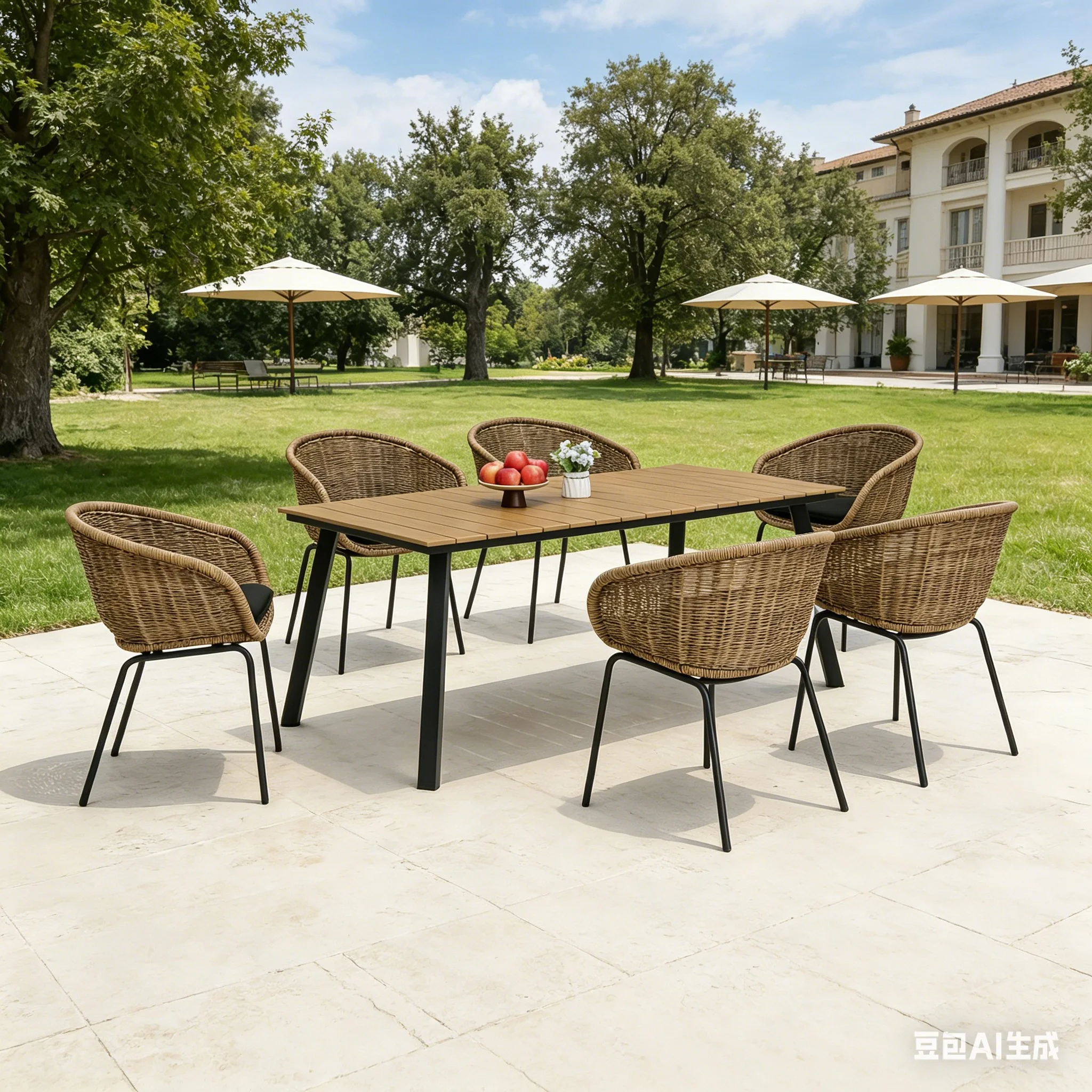 ！@Modern Outdoor Furniture  Iron Framed PE Wicker Rattan Woven Waterproof Outdoor 7-Piece Dining Set