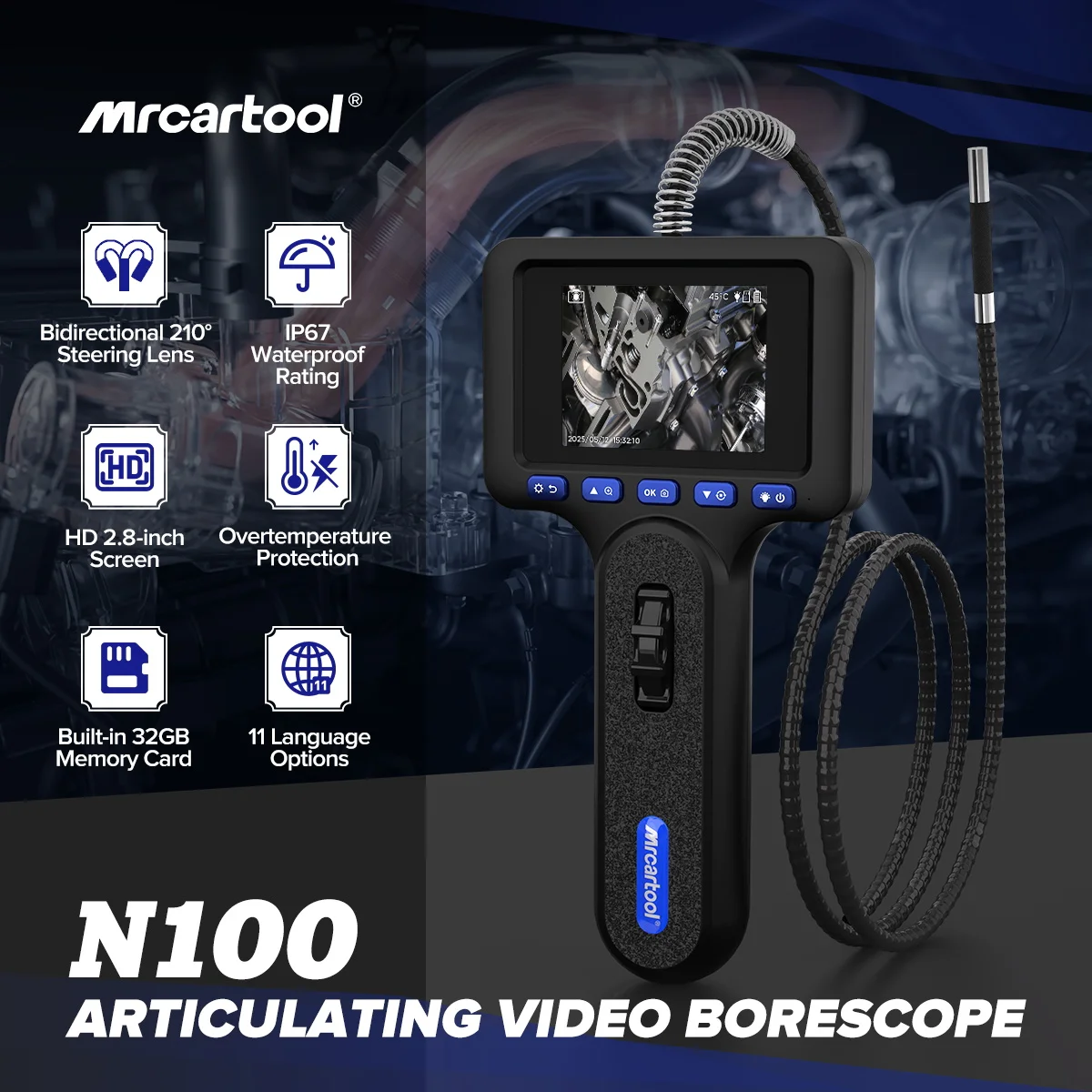 MR CARTOOL N100 Industrielles Lenkendoskop-Kamera-Set mit 6,25 mm Durchmesser-Objektiv, Inspektions-Endoskop-Kamera, 2,8-Zoll-HD-Bildschirm, Auto-Rohr-IMG-VIDEO – Detail 1