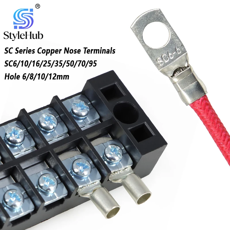 SC Series Copper Nose Terminals SC6/10/16/25/35/50/70/95 Wire Connector Hole 6/8/10/12mm Battery Block Crimp Lugs