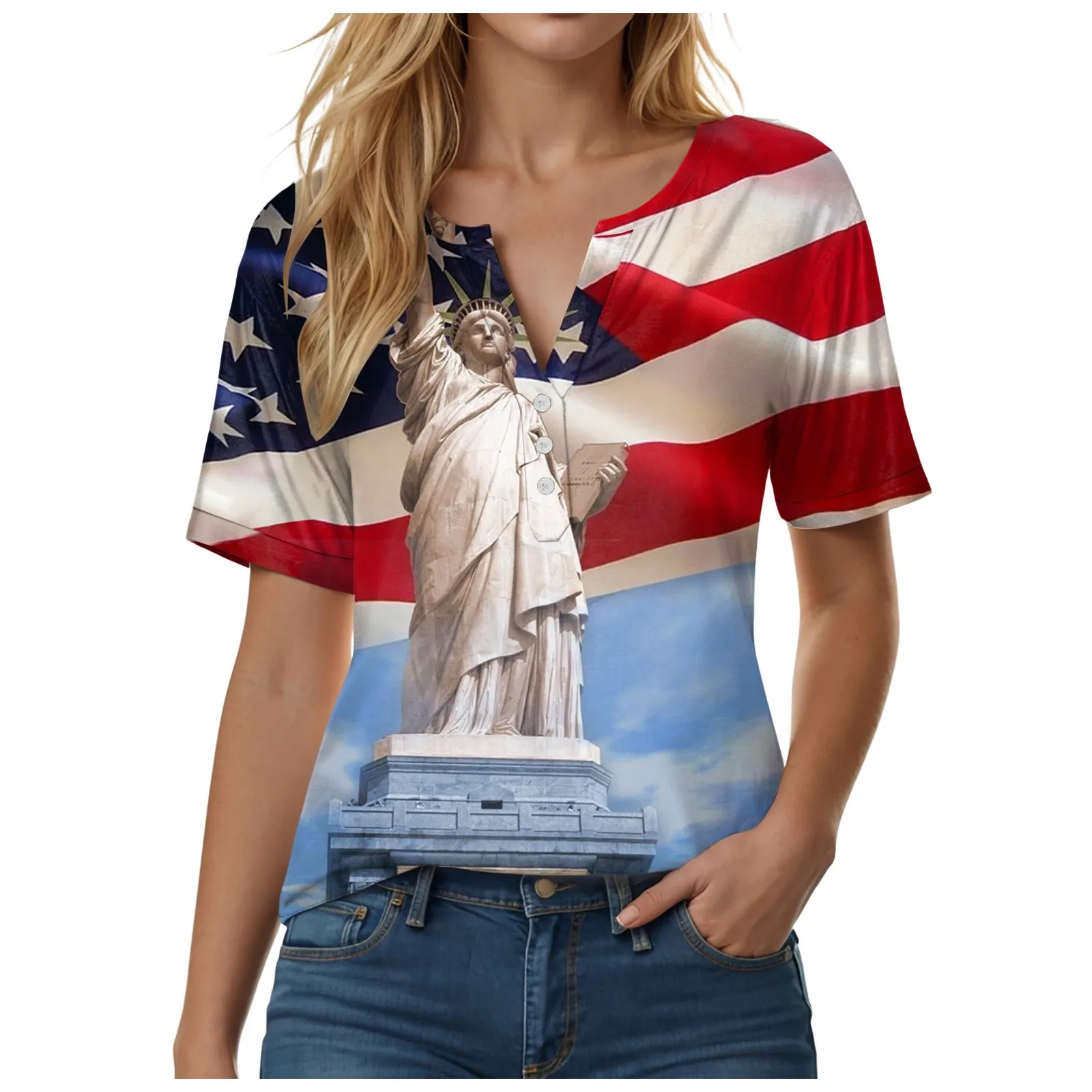 

Women American Flag Printed Tee Shirts Casual Independence Day Print Tops V Neck Button Up Short Sleeved T Shirt Harajuku Shirts