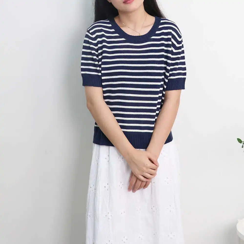 

Summer Short Sleeve Striped T-Shirts Women Knitted Basic Casual Tops Female Cozy Loose Cotton Tee 2024 Harajuku Shirt