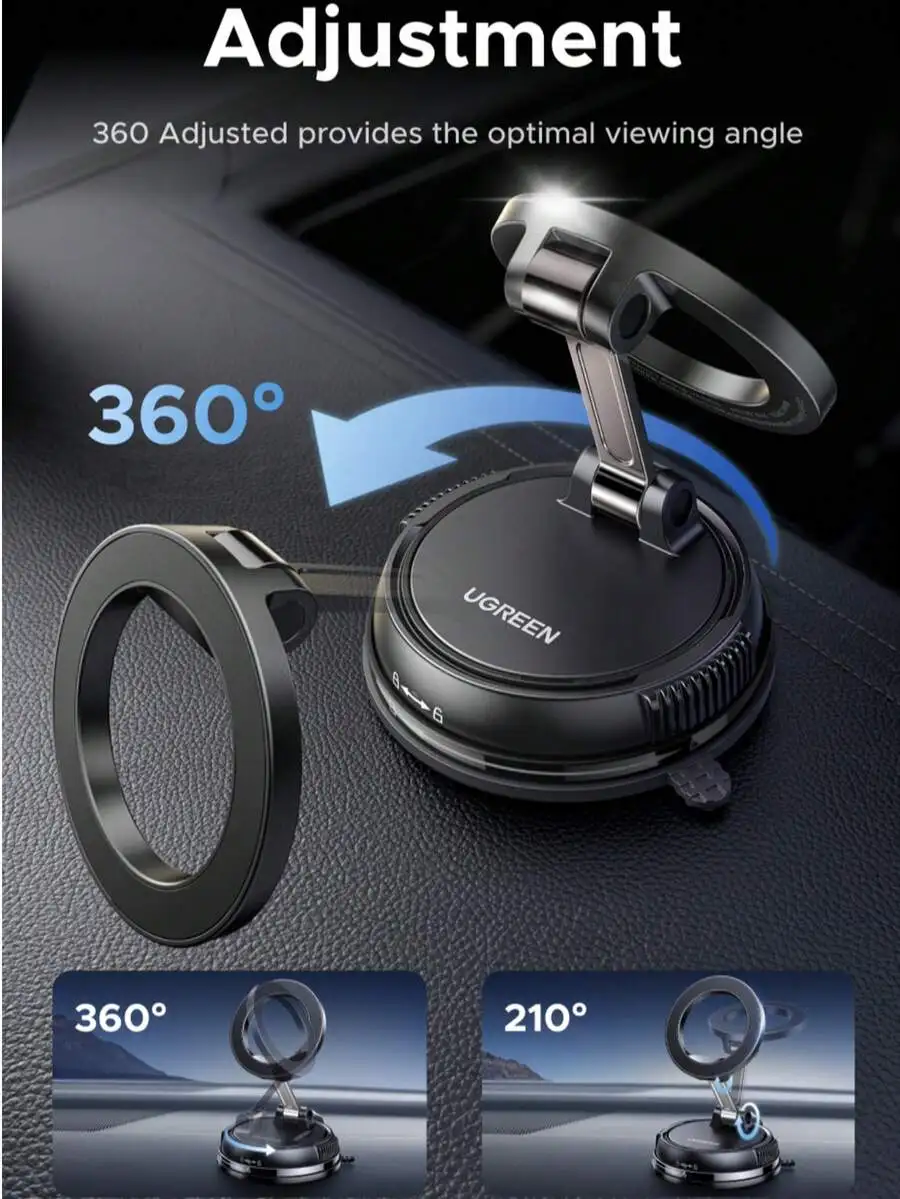 Foldable Magnetic Car Phone Mount With 360° Rotation And Vacuum Suction For iPhone Devices