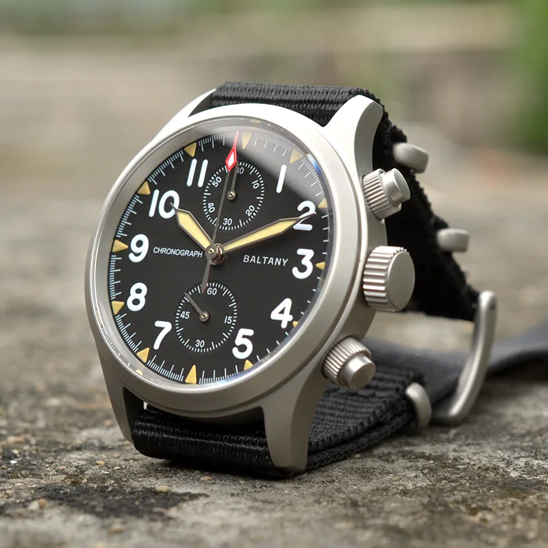 Baltany Pilot Chronograph Quartz Watch for Men Stainless Steel 39mm Case Fabric Strap 100mWaterproof VK61 Vintage Military Style