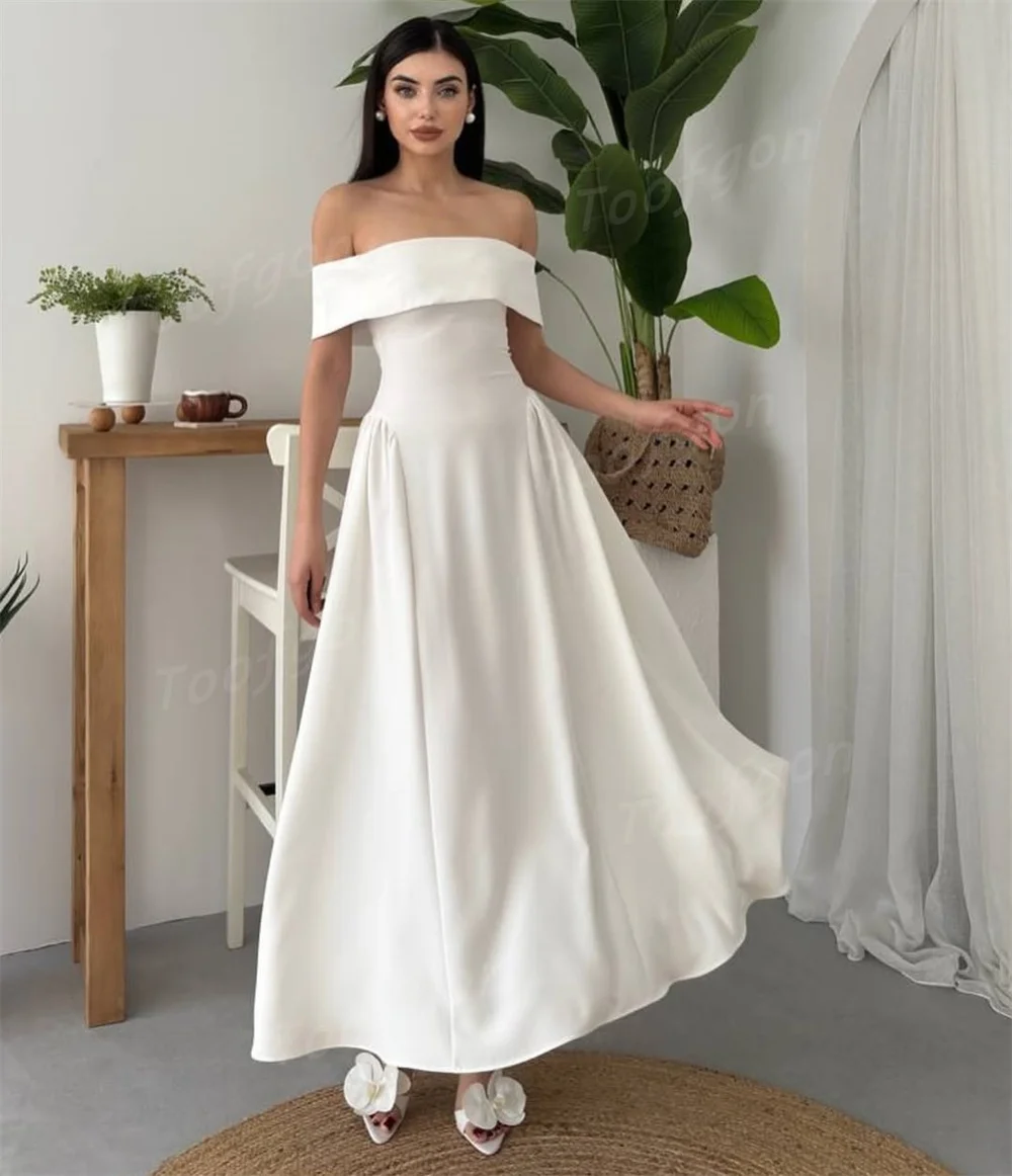 Toofgon قبالة الكتف الساتان ألف خط فساتين لحضور الحفلات الموسيقية مخصصة ثنيات ماتي الساتان المرأة فستان الحفلات الرسمية طول الكاحل فساتين السهرة