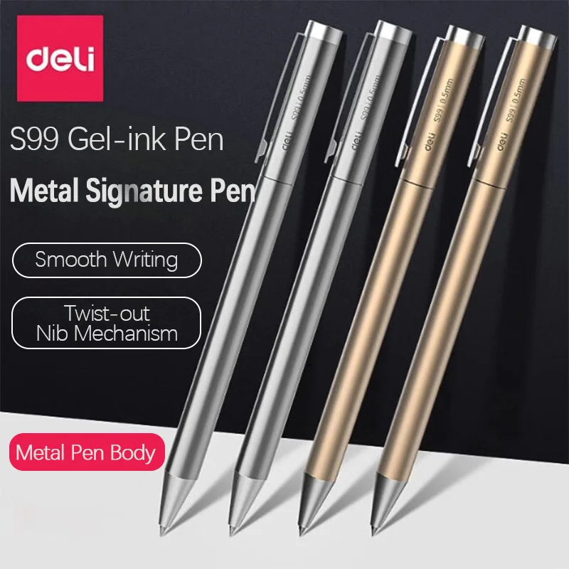 Deli S99 Rotating Metal-Barrel Gel‑ink Pen—Premium Quality for Business Office Students Black Exams and Studying Refillable