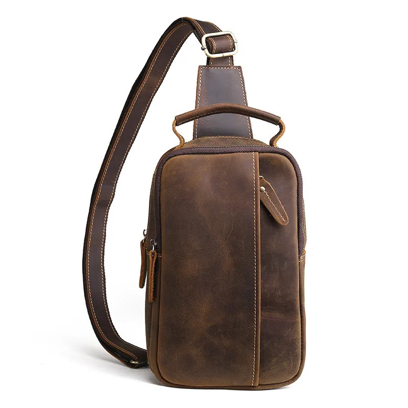 

Male High Quality Big Chest Bag Real Cowhide Leather Chest Bags Crazy Horse Leather Men's Sling Bag Chest Pack for Man