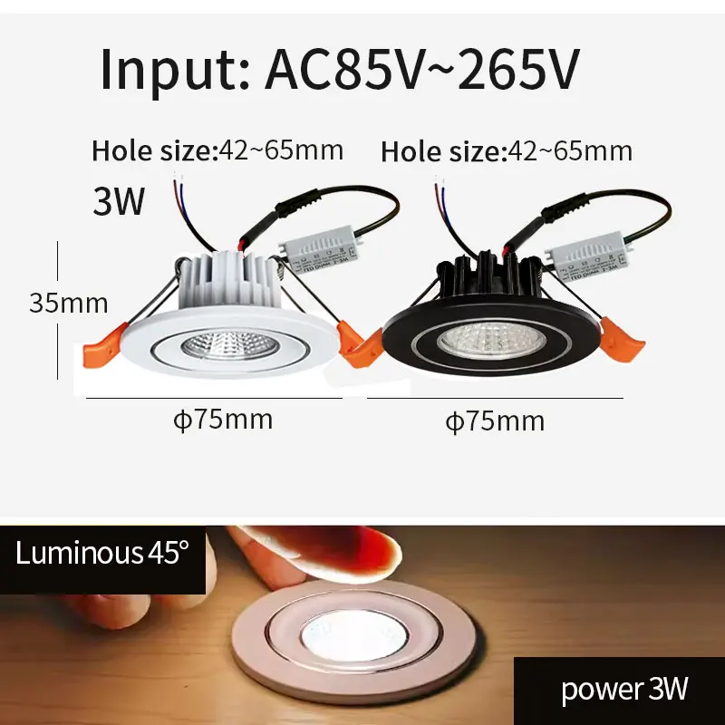 Wpuszczany mini reflektor 【otwór 42mm-65mm】 1w 3w lampa sufitowa LED 110 V 220 V wewnętrzna wbudowana mała oprawa typu downlight z zestawem sterowników